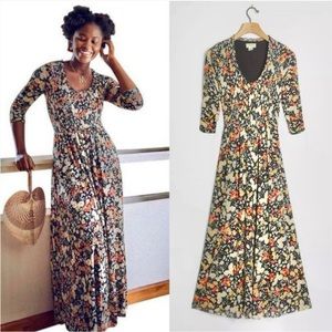 Maeve Anthropologie Omya Colorful Smocked Ruched Sleeve Maxi Dress Sz XS